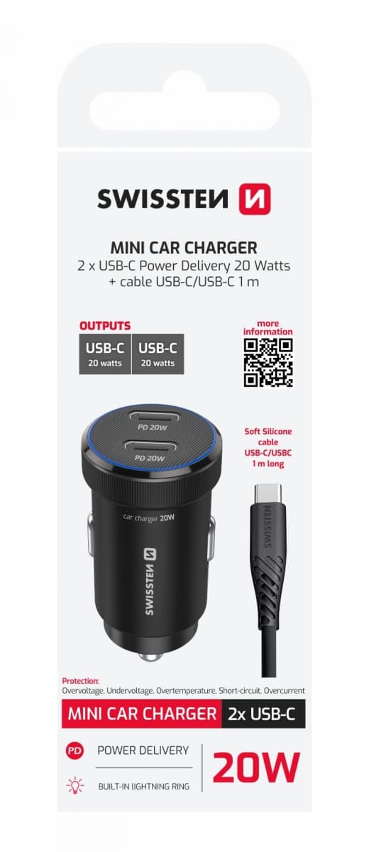 Rychlonabíječka do auta Swissten 2x USB-C PD 20W +  datový kabel USB-C 1 m černá - náhled 1