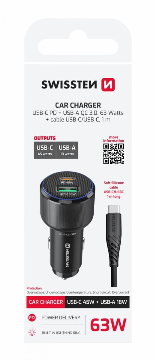 Rychlonabíječka do auta Swissten USB-A, USB-C PD 63W  + datový kabel USB-C 1 m černá