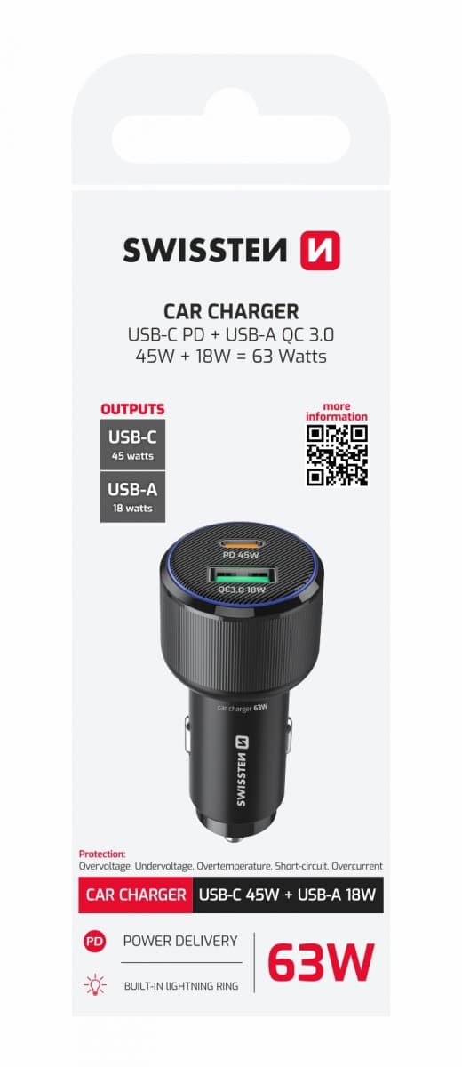 Adaptér do auta Swissten s funkcí rychlonabíjení USB-A, USB-C PD 63W černý