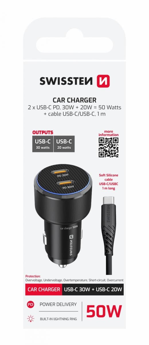 Rychlonabíječka do auta Swissten 2x USB-C PD 50W + datový kabel USB-C 1 m černá