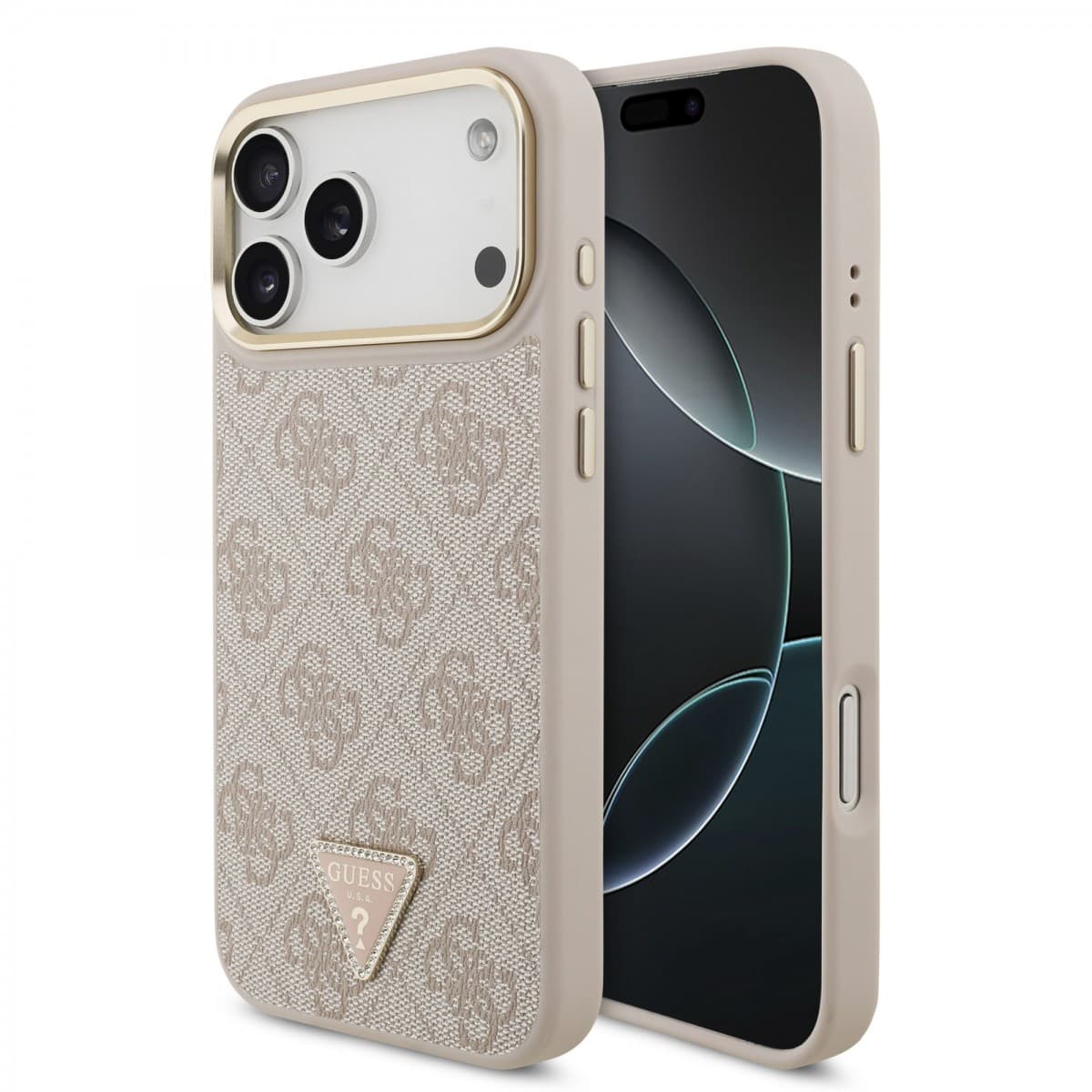 Zadní kryt Guess PU Leather 4G Triangle Logo Gold Frame MagSafe pro iPhone 17 Pro Max Pink - náhled 1