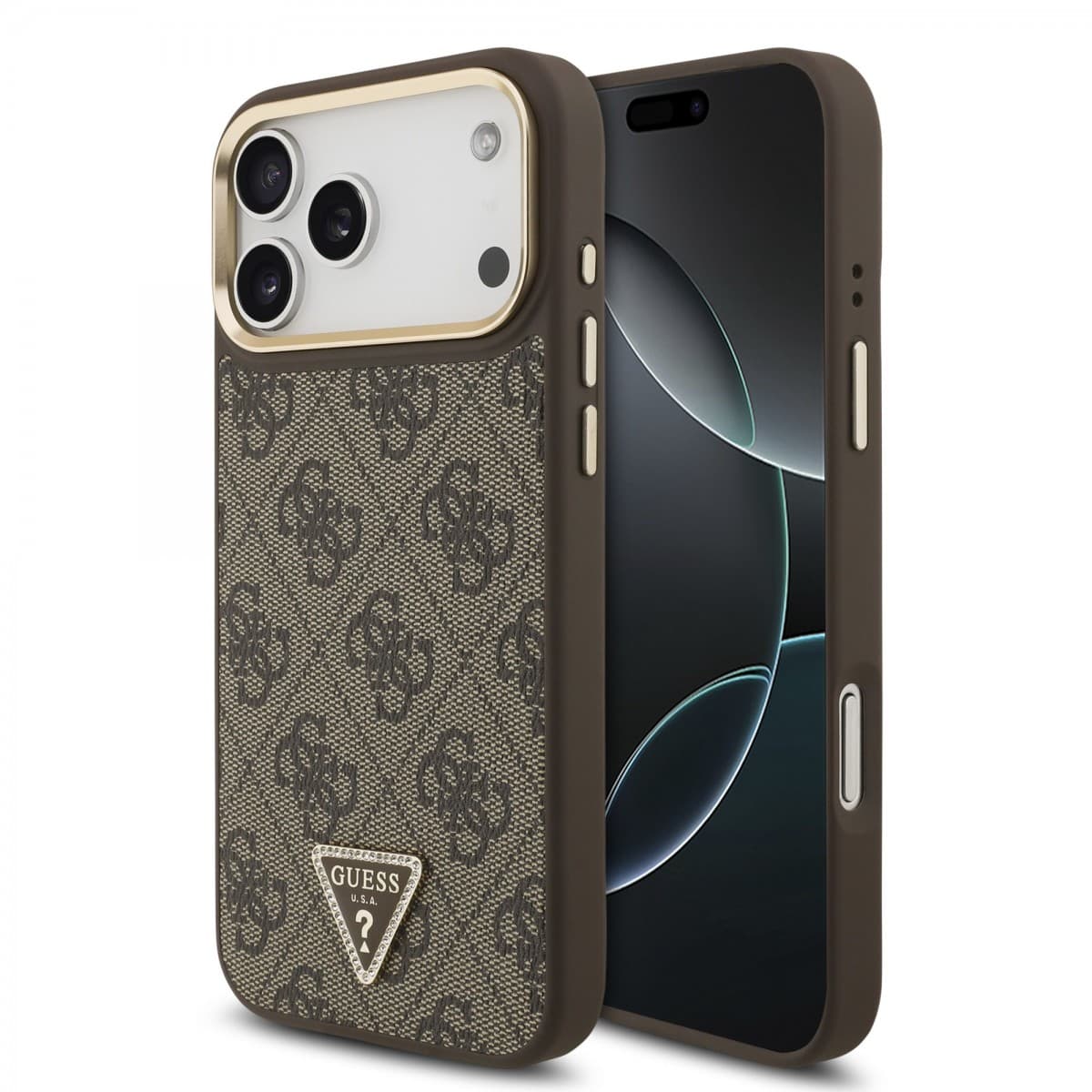 Zadní kryt Guess PU Leather 4G Triangle Logo Gold Frame MagSafe pro iPhone 17 Pro Max Brown - náhled 1