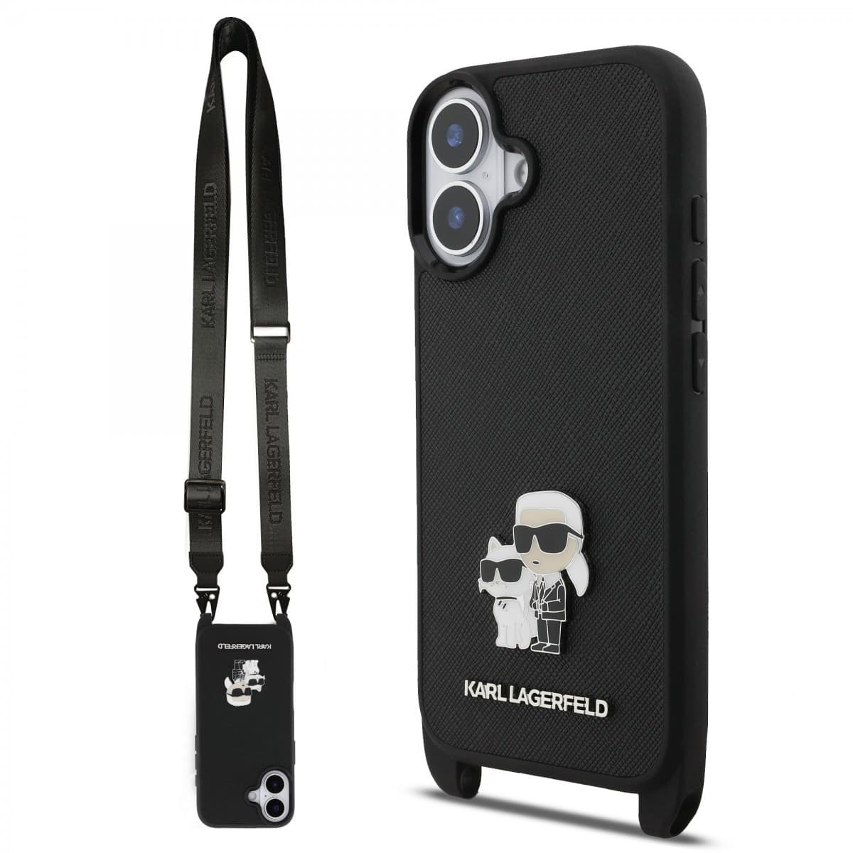 Zadní kryt Karl Lagerfeld Saffiano Crossbody Popruh Metal Karl and Choupette pro iPhone 17 Black - náhled 1