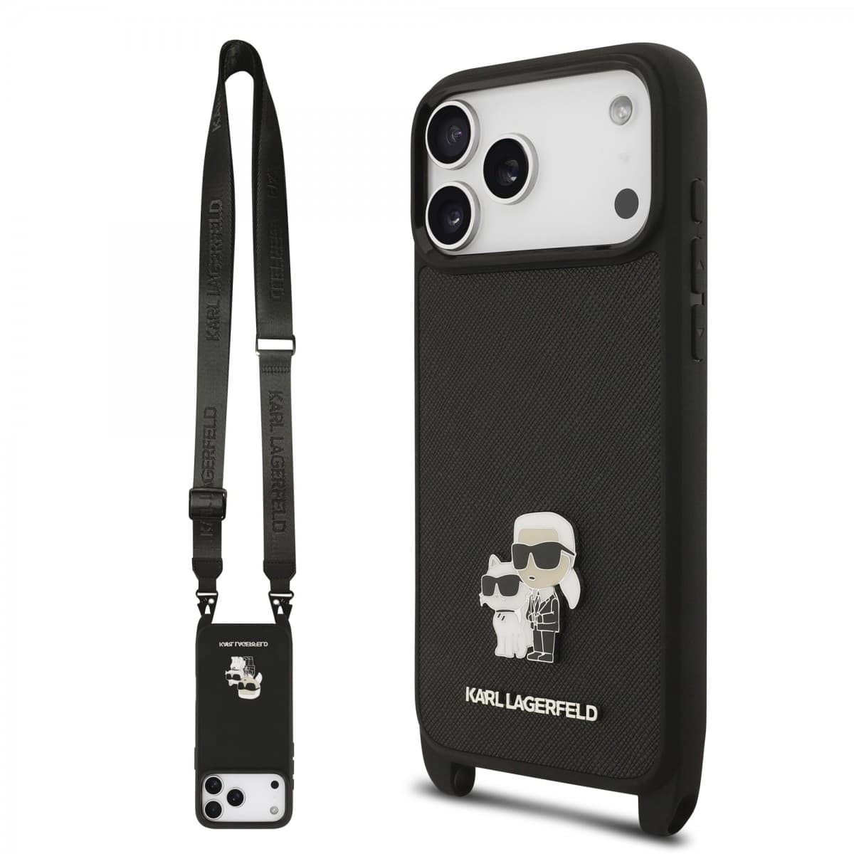 Zadní kryt Karl Lagerfeld Saffiano Crossbody Popruh Metal Karl and Choupette pro iPhone 17 Pro Black
