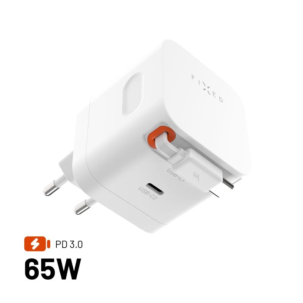 Síťová GaN nabíječka FIXED s 2xUSB-C, podpora PD 3.0, se samonavíjecím kabelem, 65W, bílá - náhled 1