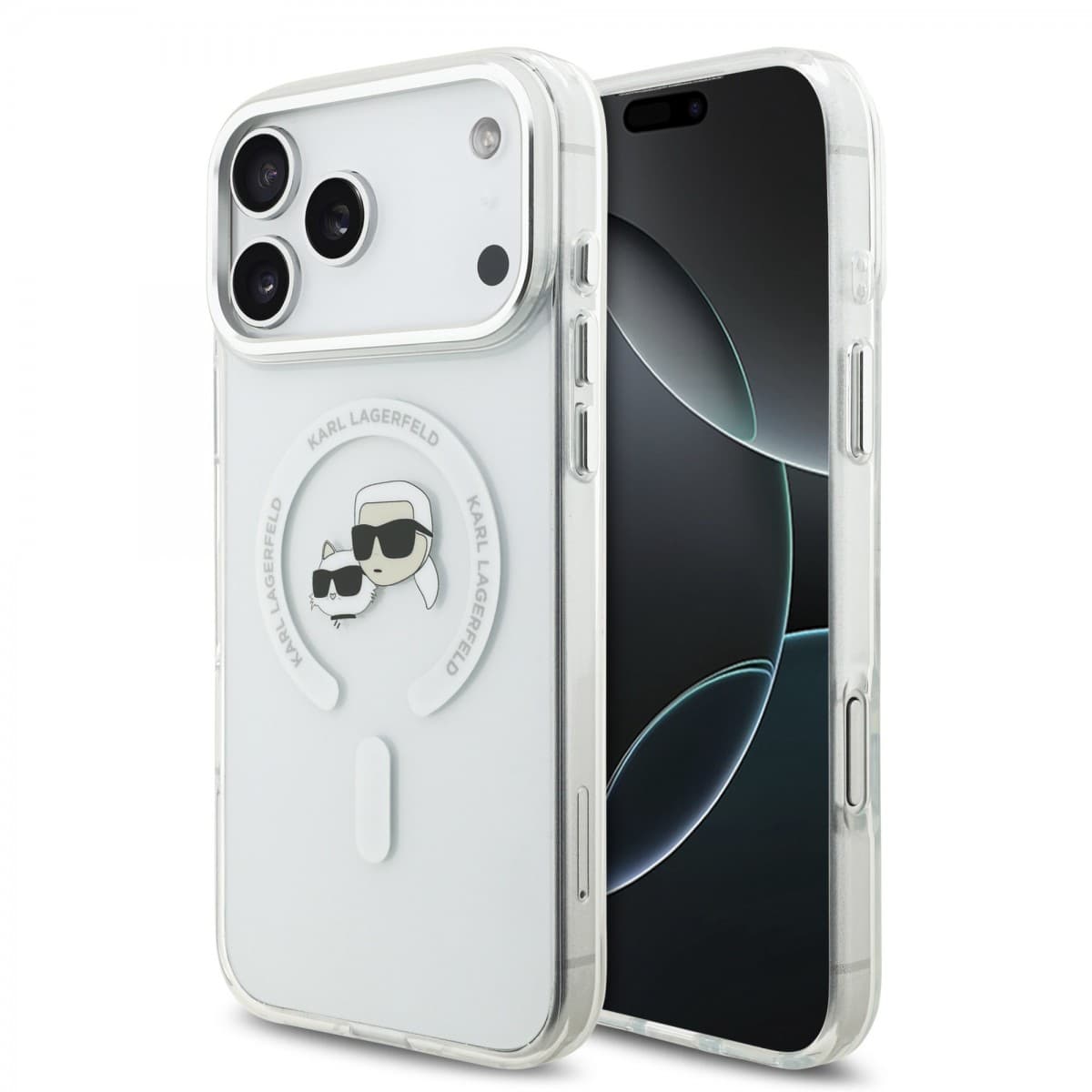 Zadní kryt Karl Lagerfeld IML K&amp;CH Heads Metal Frame MagSafe pro iPhone 17 Pro Max Transparent