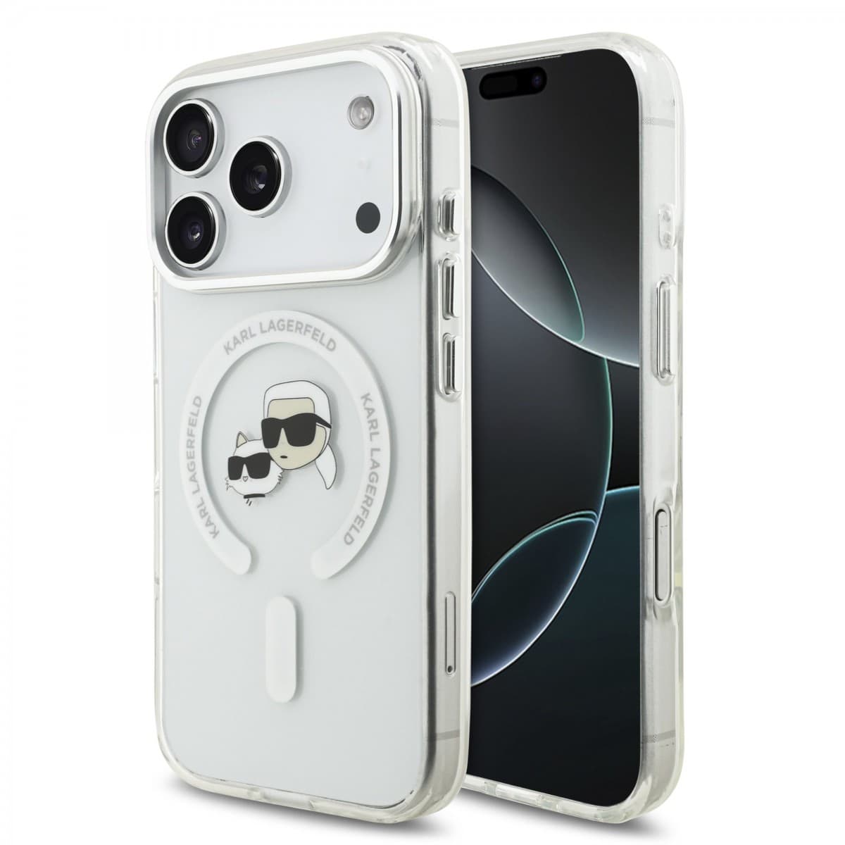 Zadní kryt Karl Lagerfeld IML K&amp;CH Heads Metal Frame MagSafe pro iPhone 17 Pro Transparent
