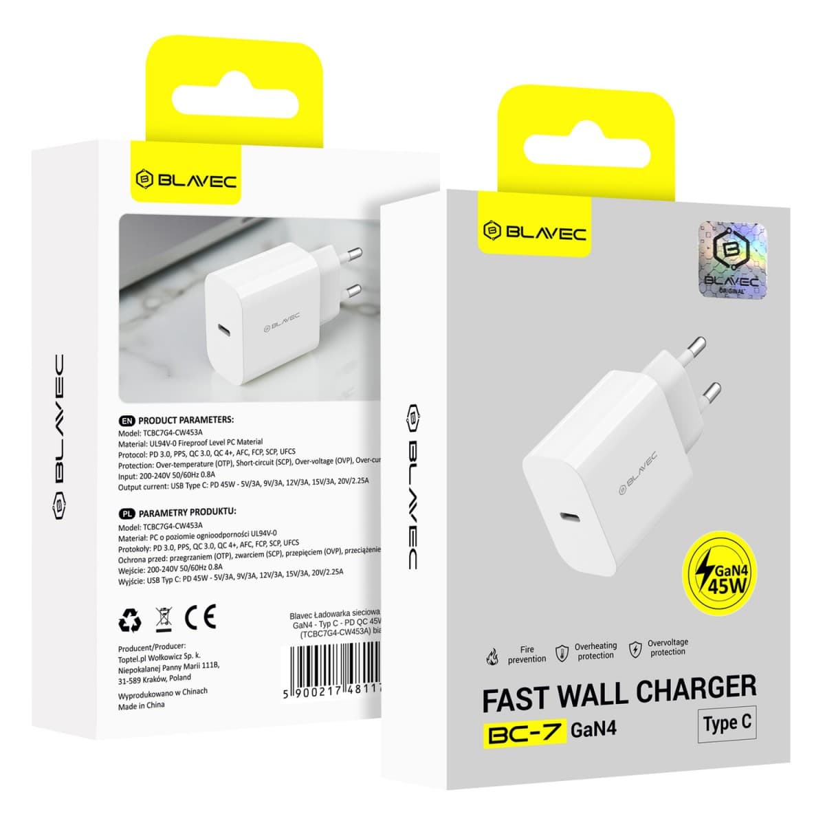 Adaptér Blavec BC-7 GaN4 s funkcí rychlonabíjení 45W (TCBC7G4-CW453A) bílý - náhled 1