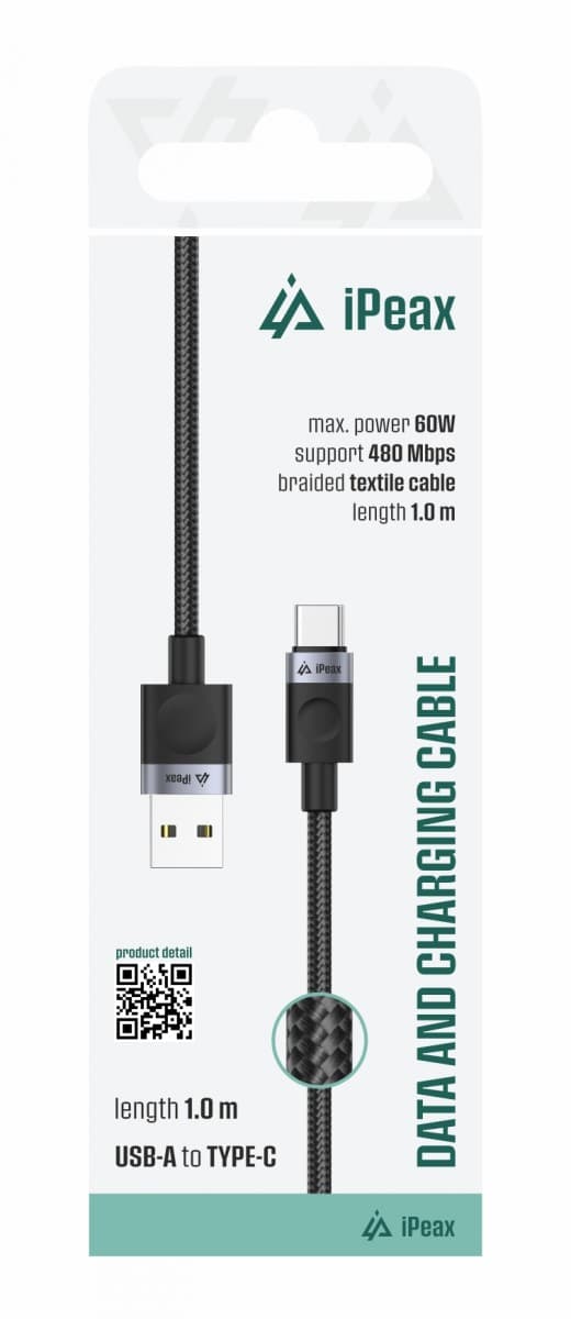 Textilní kabel iPeax USB-A - USB-C 1m, USB 2.0 černý - náhled 1