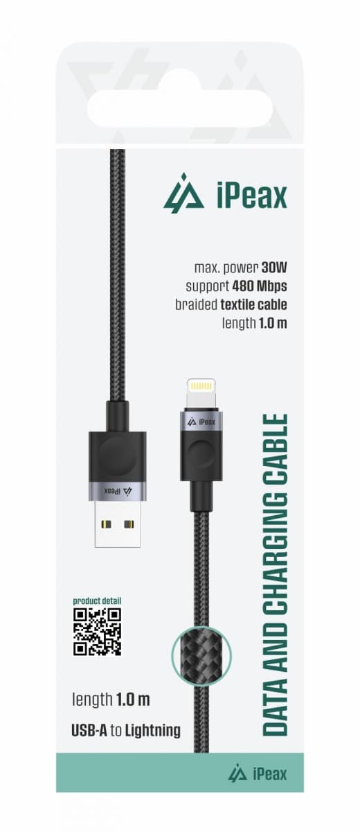 Textilní kabel iPeax USB-A - Lightning 1m, USB 2.0 černý - náhled 1