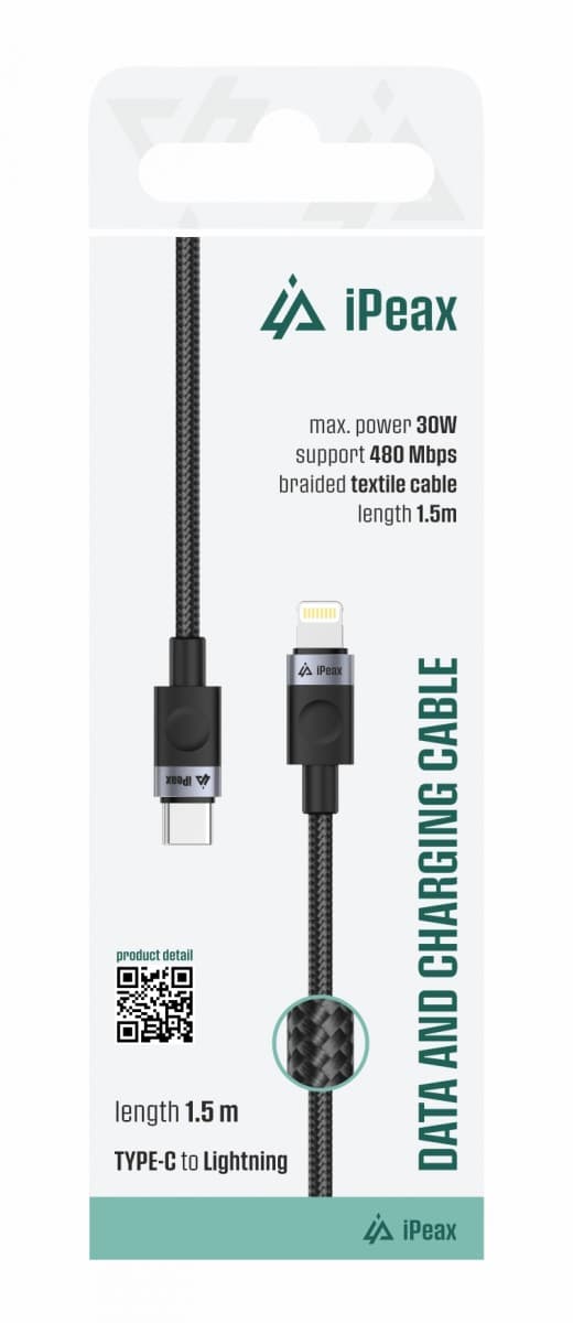 Textilní kabel iPeax USB-C - Lightning 1,5m, USB 2.0 černý - náhled 1