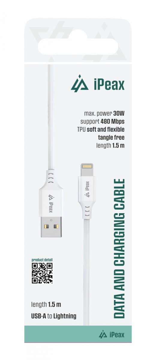 TPU kabel iPeax USB-A - Lightning 1,5m, USB 2.0 bílý - náhled 1