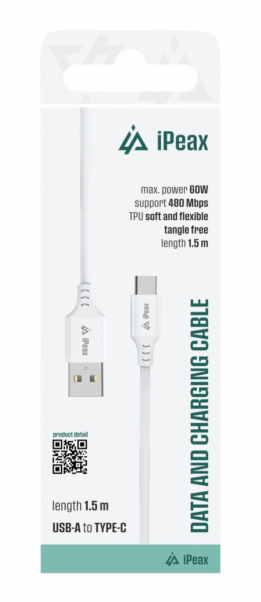 TPU kabel iPeax USB-A - USB-C 1,5m, USB 2.0 bílý - náhled 1