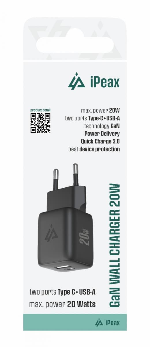 Adaptér iPeax GaN s funkcí rychlonabíjení 20W (USB-C + USB-A) černý - náhled 1