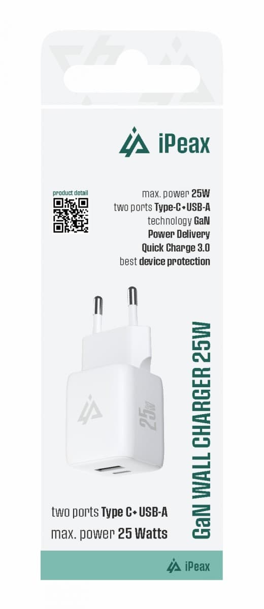 Adaptér iPeax GaN s funkcí rychlonabíjení 25W (USB-C + USB-A) bílý - náhled 1