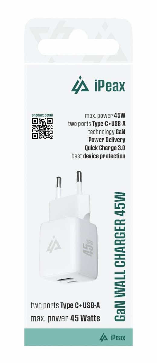 Adaptér iPeax GaN s funkcí rychlonabíjení 45W (USB-C + USB-A) bílý - náhled 1
