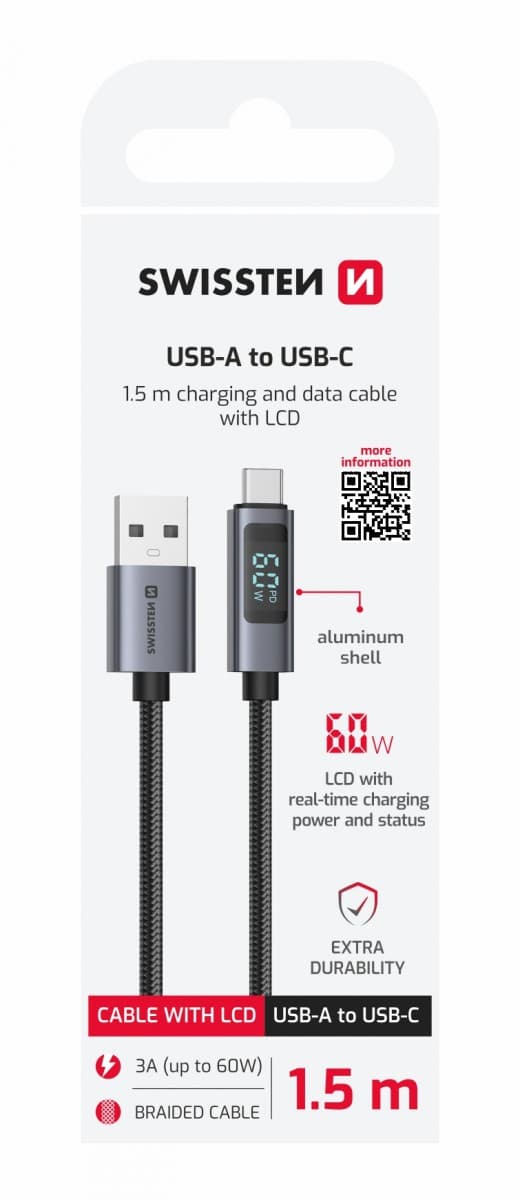 Datový kabel Swissten LCD USB-A - USB-C 1,5 m - náhled 1