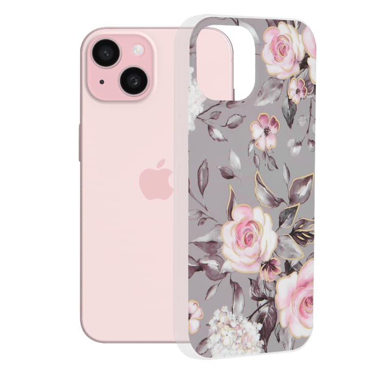 Techsuit Mramorová série iPhone 15 Květ Ruth šedá - náhled 1