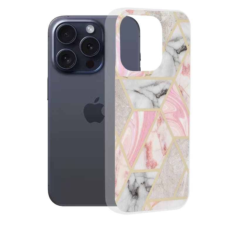 Techsuit Mramorová série iPhone 15 Pro Růžový šestiúhelník - náhled 1