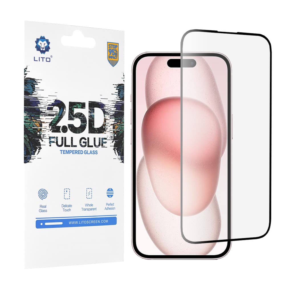 Lito 2.5D Celoplošné Lepené Sklo iPhone 15 Černé - náhled 1