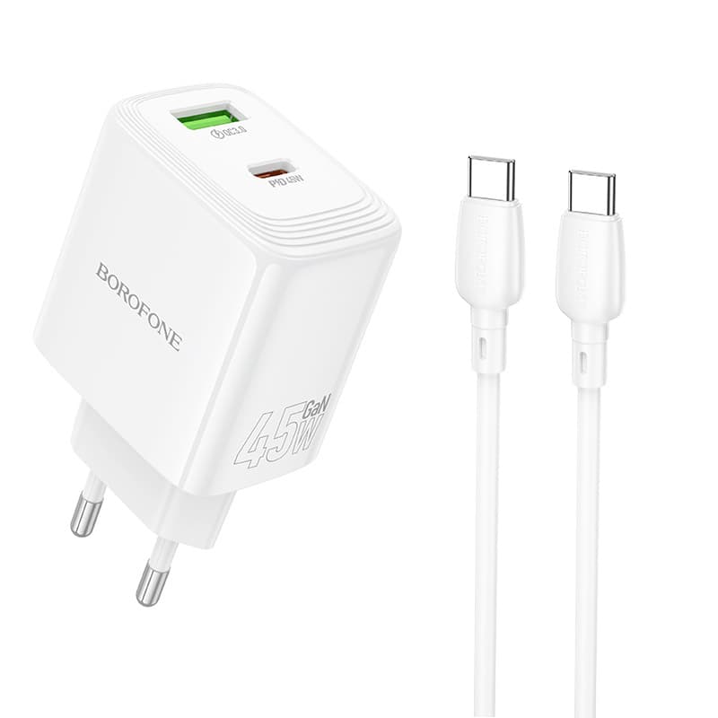 Rychlonabíječka Borofone BN30 Cargador GaN - USB + Type C QC 3.0 PD 45W s kabelem Type C bílá - náhled 1