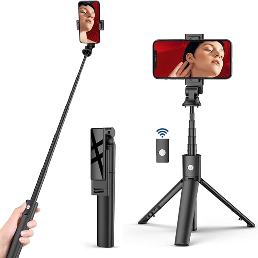 Techsuit Selfie tyč K22 stativ Bluetooth ovladač skládací 97cm černá - náhled 1