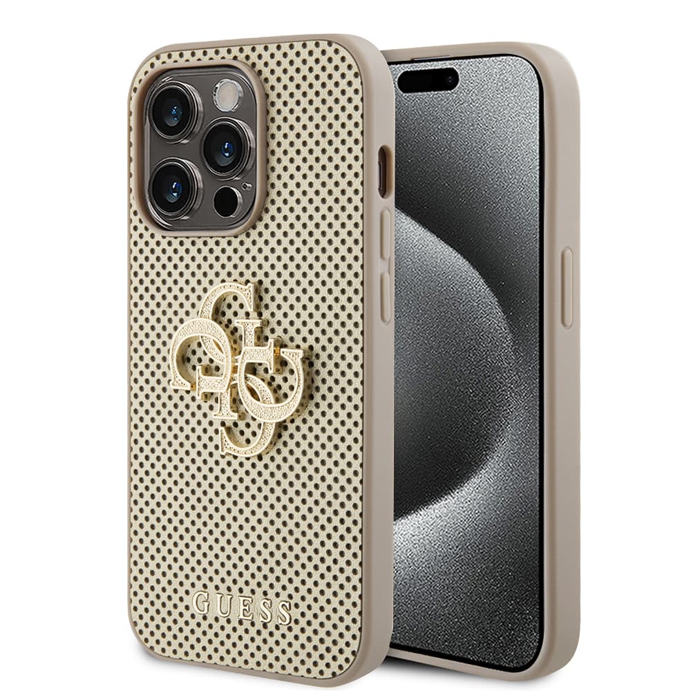 Guess - Kožený Perforovaný 4G iPhone 15 Pro Zlatá - náhled 1