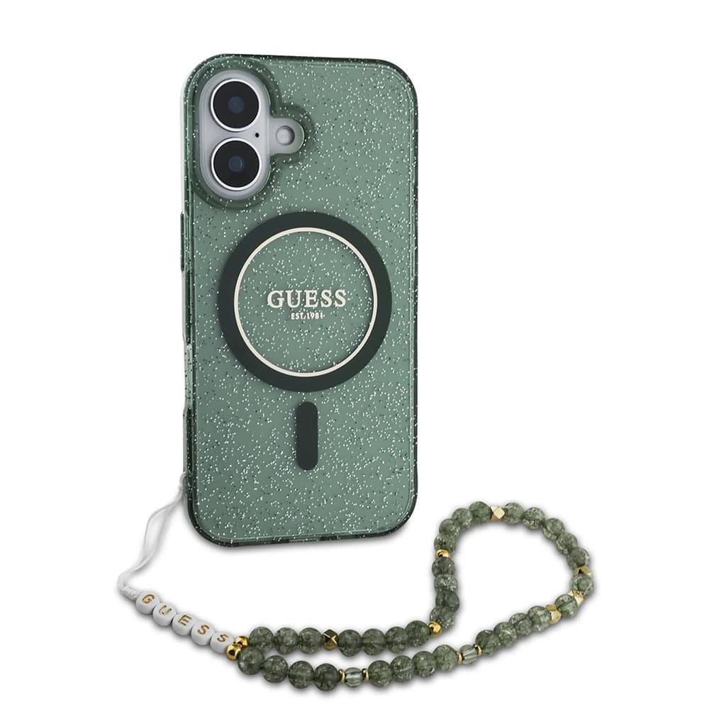 Guess IML Glitter s perlovým řemínkem MagSafe iPhone 16 Plus zelená - náhled 1