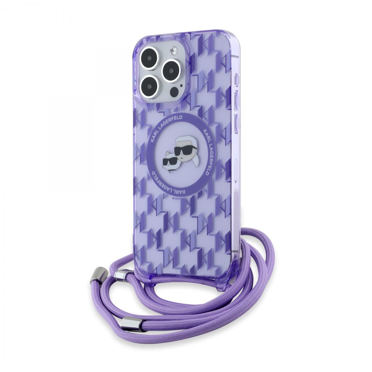 Karl Lagerfeld IML Crossbody MagSafe iPhone 15 Pro fialový monogram Karl&amp;Choupette Head - náhled 1