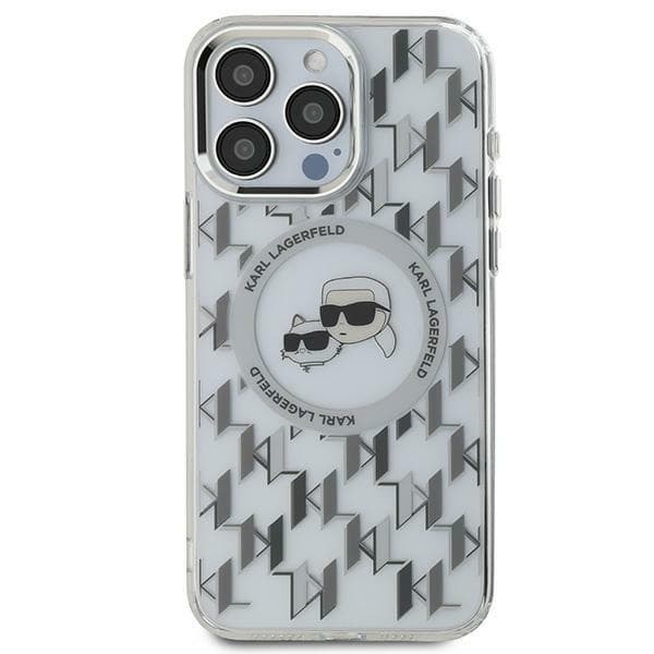 Karl Lagerfeld IML MagSafe iPhone 15 průhledný monogram Karl&amp;Choupette Head