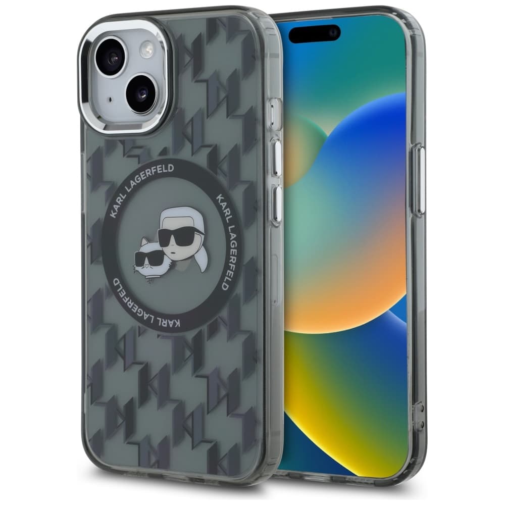 Karl Lagerfeld IML MagSafe iPhone 15 Monogram Karl a Choupette Head černá - náhled 1