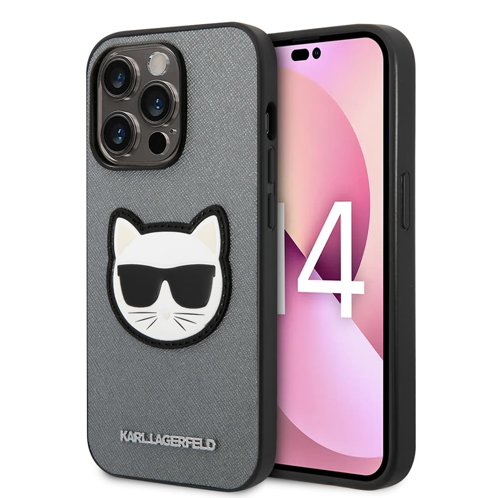Karl Lagerfeld Saffiano pouzdro iPhone 14 Pro stříbrné Choupette Head - náhled 1