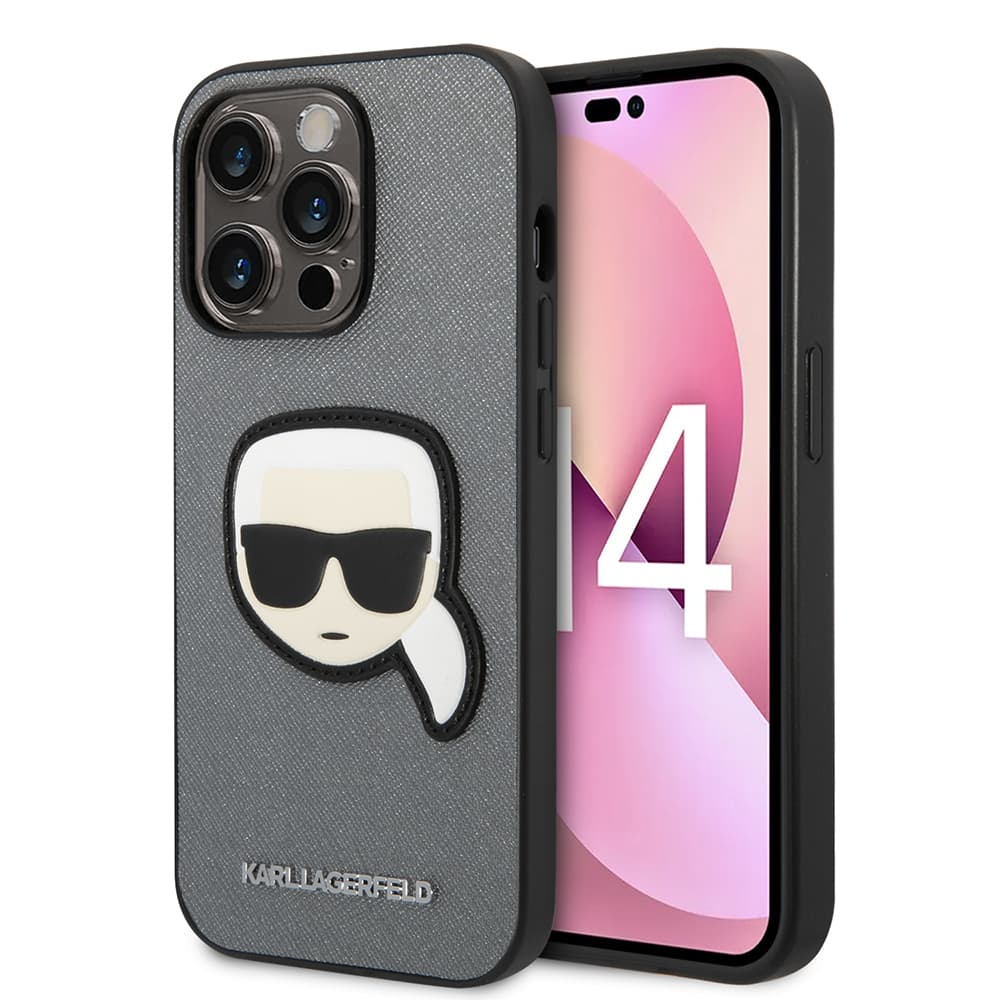 Karl Lagerfeld Saffiano pouzdro iPhone 14 Pro stříbrné Karlova hlava - náhled 1