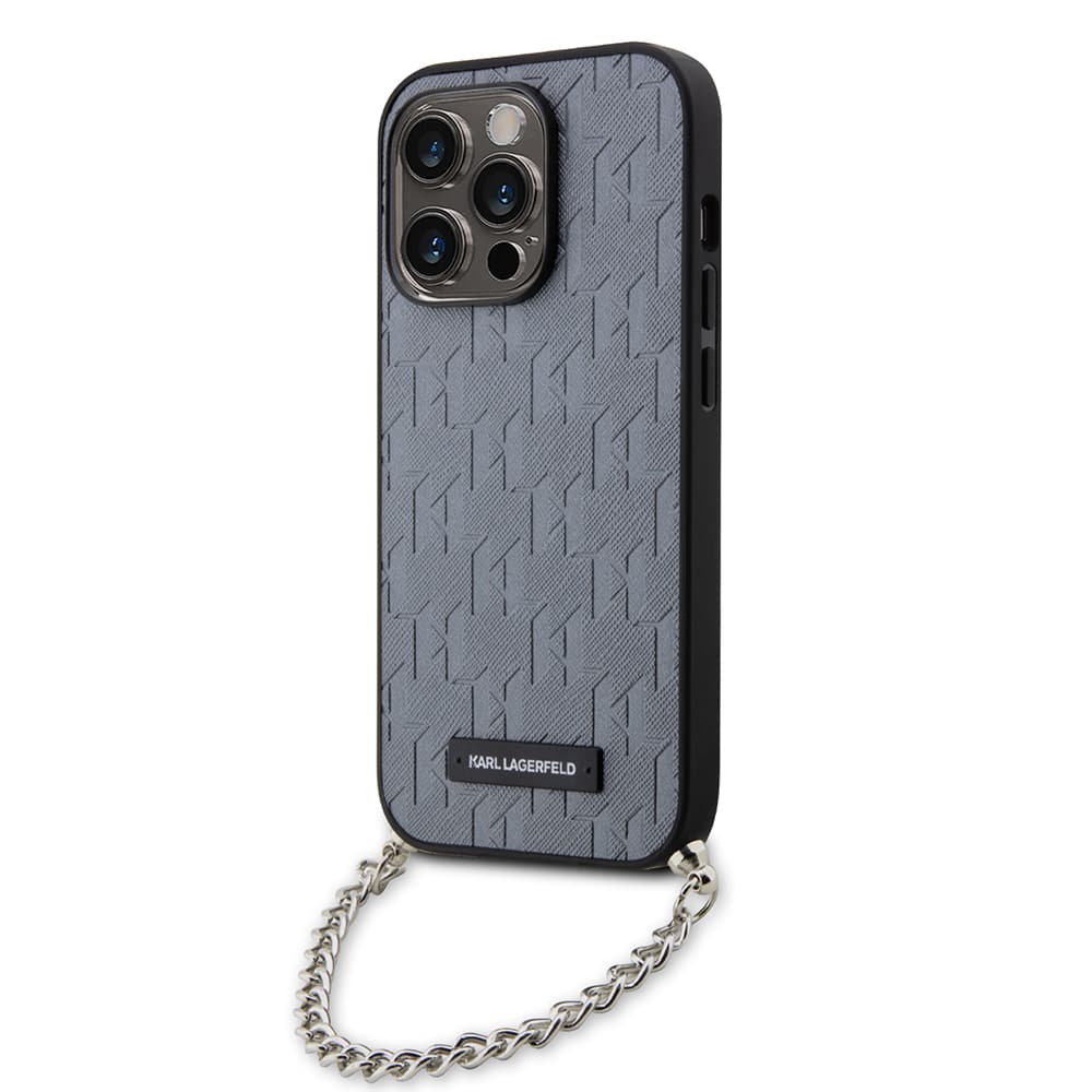 Karl Lagerfeld Saffiano Monogram Chain pro iPhone 14 Pro stříbrná - náhled 1
