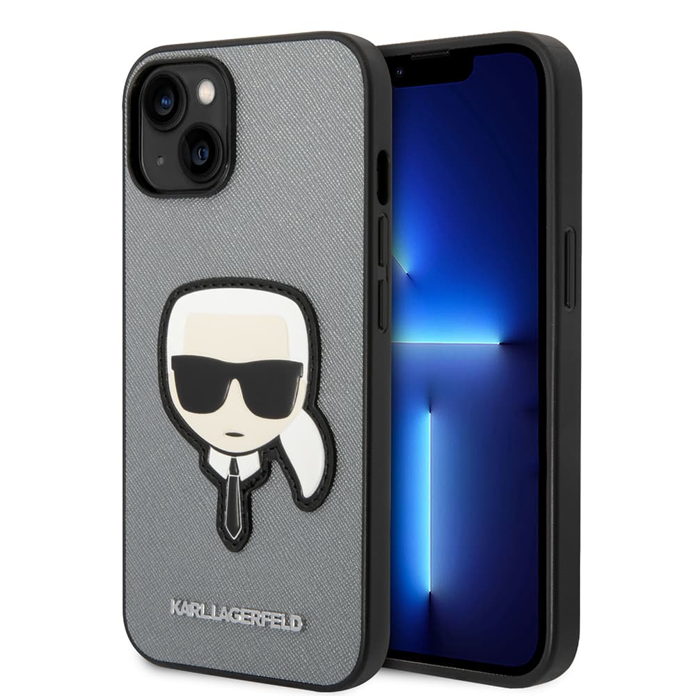Karl Lagerfeld Saffiano pouzdro iPhone 14 Plus stříbrné Karlova hlava - náhled 1