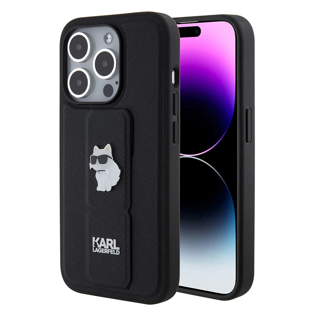 Karl Lagerfeld Saffiano Gripstand iPhone 15 Pro Choupette Pins růžová - náhled 1