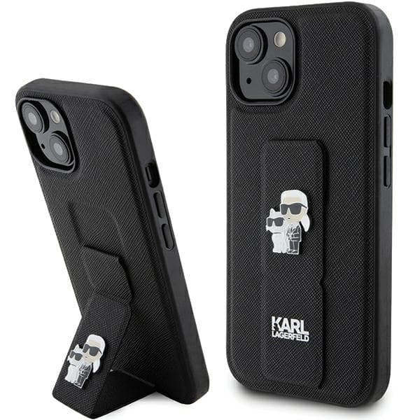Karl Lagerfeld Saffiano Gripstand iPhone 15 Plus Karl&amp;Choupette Pins růžová - náhled 1