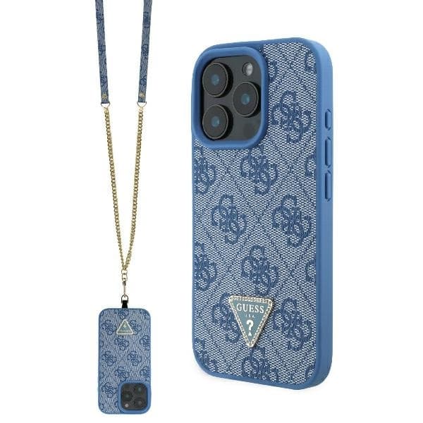 Guess Leather Metal Logo Strass Crossbody iPhone 16 Pro modrá - náhled 1