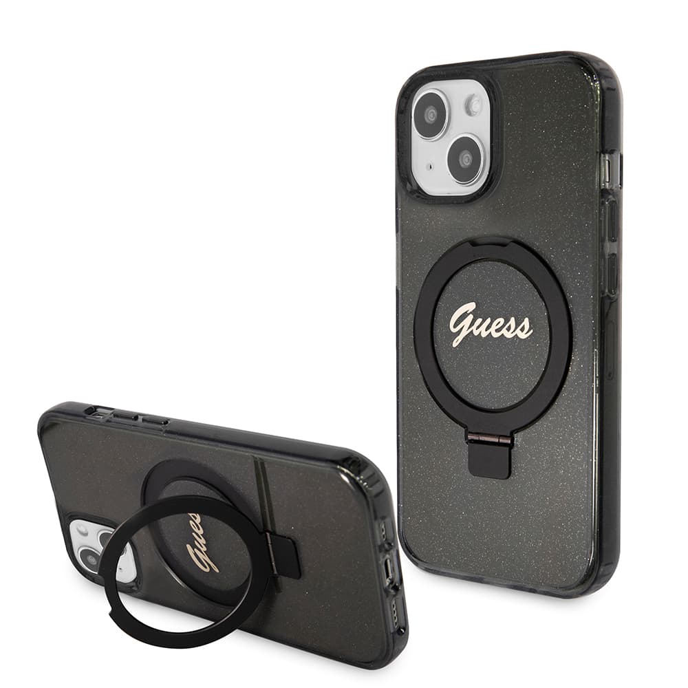 Guess Ring Stand Script Glitter MagSafe iPhone 15 černý - náhled 1