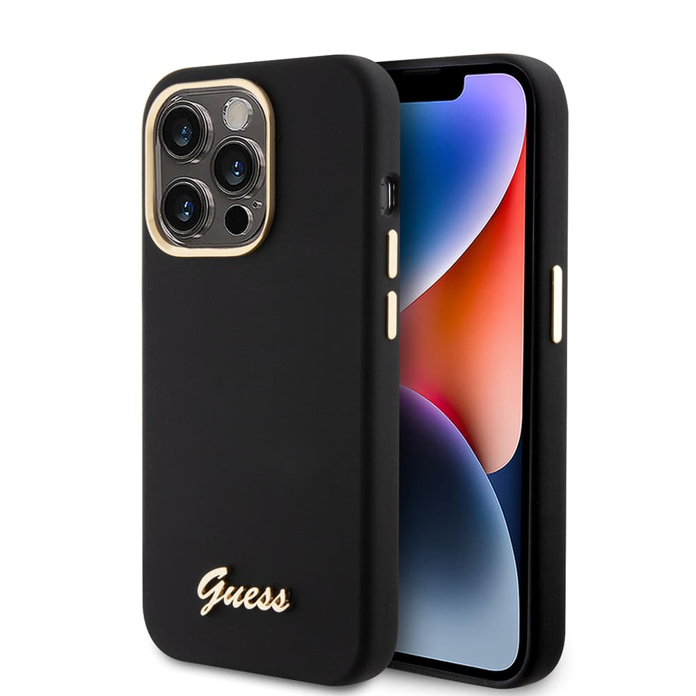 Guess - silikonový kryt s kovovým logem a rámečkem iPhone 15 Pro černý - náhled 1