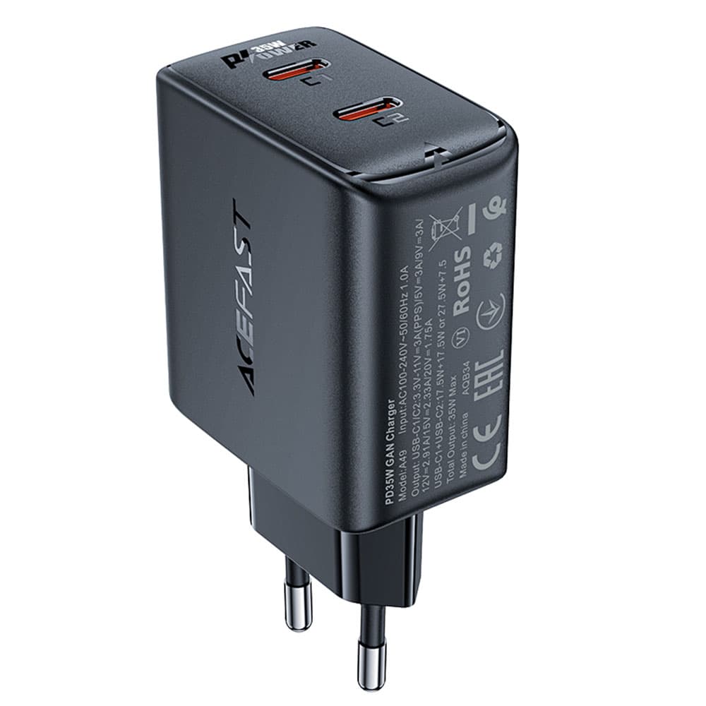 Acefast Wall Charger A49 2x Type-C univerzální nabíječka GaN PD35W černá - náhled 1