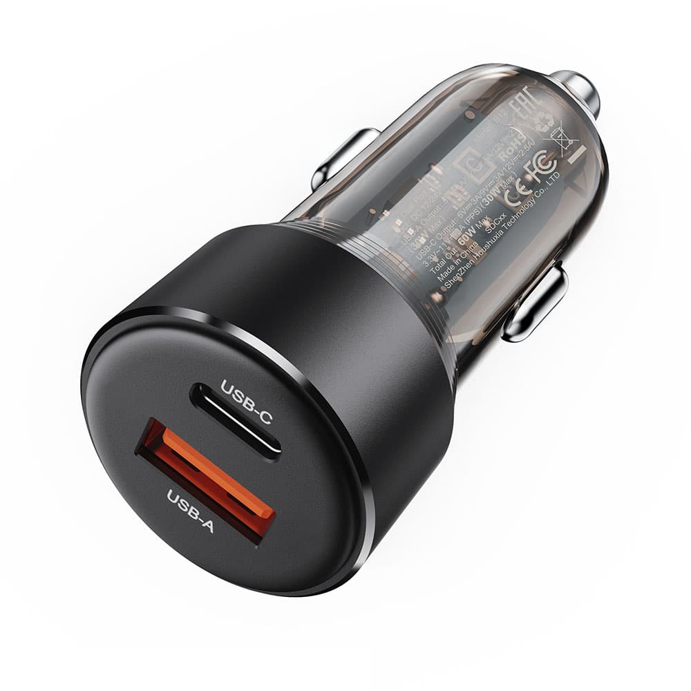 Acefast Car Charger B12 Dvouportová Type-C USB Dvojité Rychlé Nabíjení 60W Černá - náhled 1