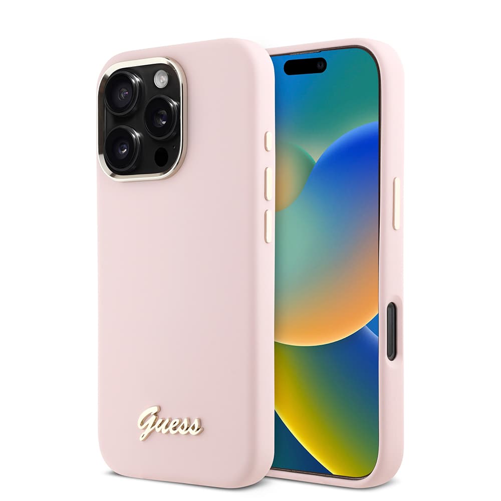 Guess - silikonový kryt s kovovým logem a rámečkem iPhone 16 Pro růžový - náhled 1