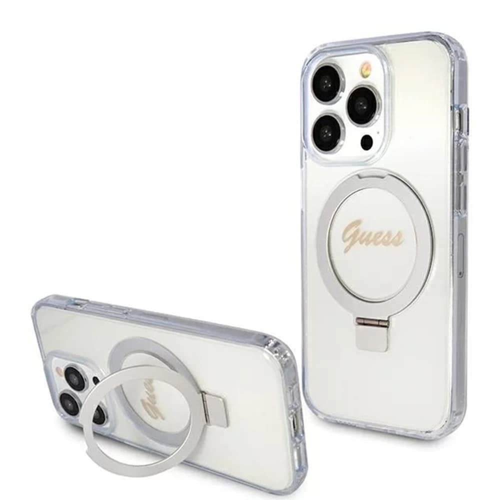 Guess Ring Stand Script Glitter MagSafe iPhone 15 Pro průhledný - náhled 1