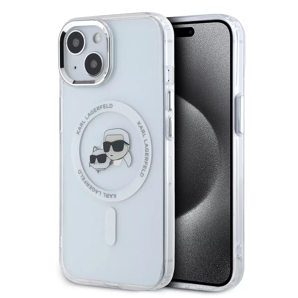 Karl Lagerfeld IML MagSafe iPhone 15 Bílý Metal Karl&amp;Choupette Heads - náhled 1