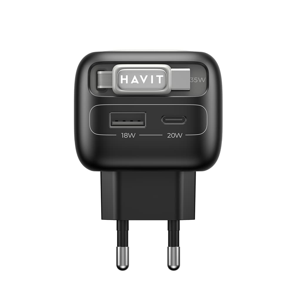 Nabíječka Havit UC251 EU s výsuvným kabelem Type-C USB GaN 35W černá šedá - náhled 1