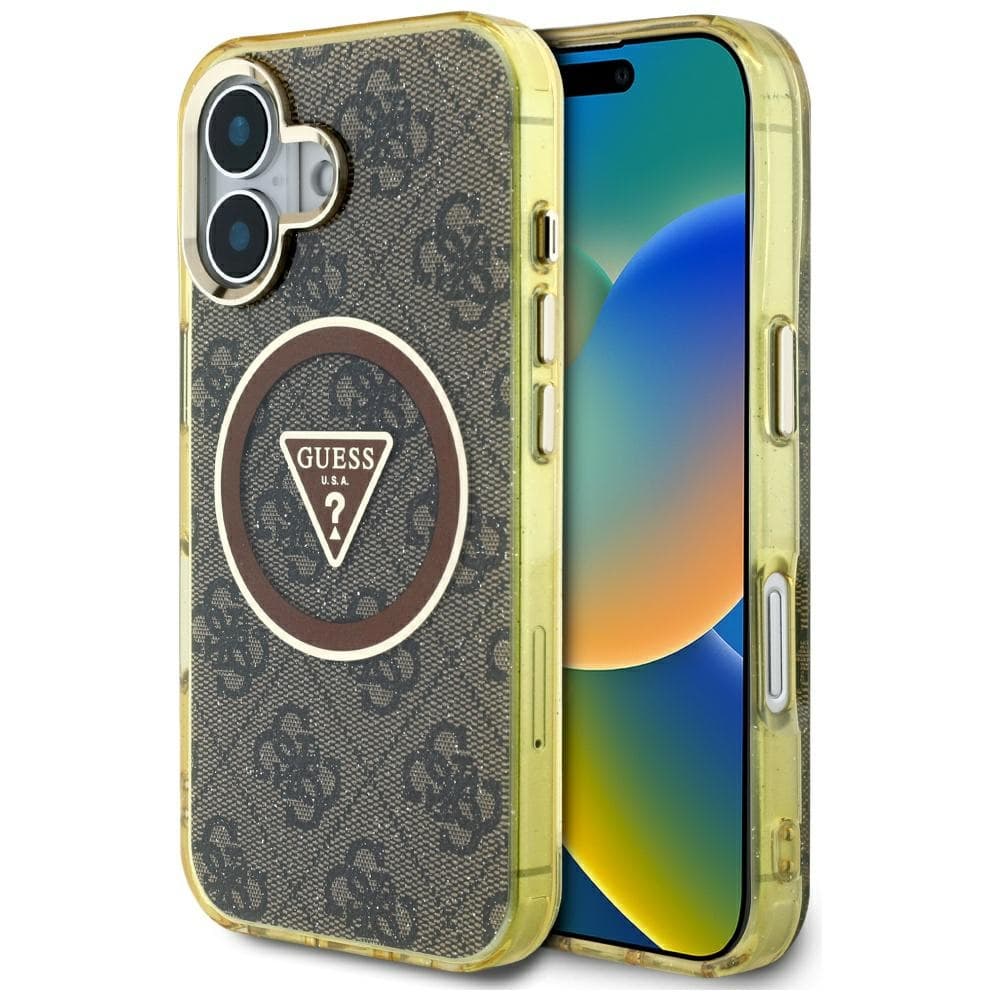 Guess IML Metal Glitter 4G Circle Triangle MagSafe iPhone 16 Hnědá - náhled 1