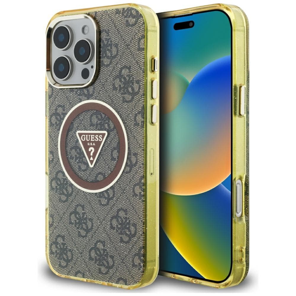 Guess IML Metal Glitter 4G Circle Triangle MagSafe iPhone 16 Pro hnědý - náhled 1