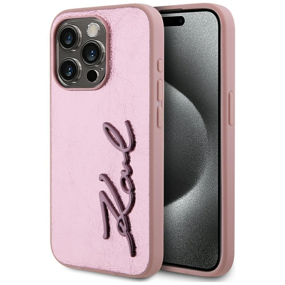 Karl Lagerfeld Hardcase Leather iPhone 15 Pro Růžová Metal Signature - náhled 1
