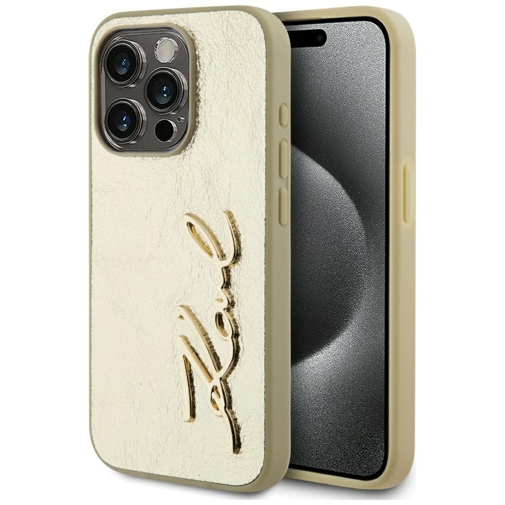 Karl Lagerfeld Hardcase Leather iPhone 15 Pro Zlatý Metalický Podpis - náhled 1